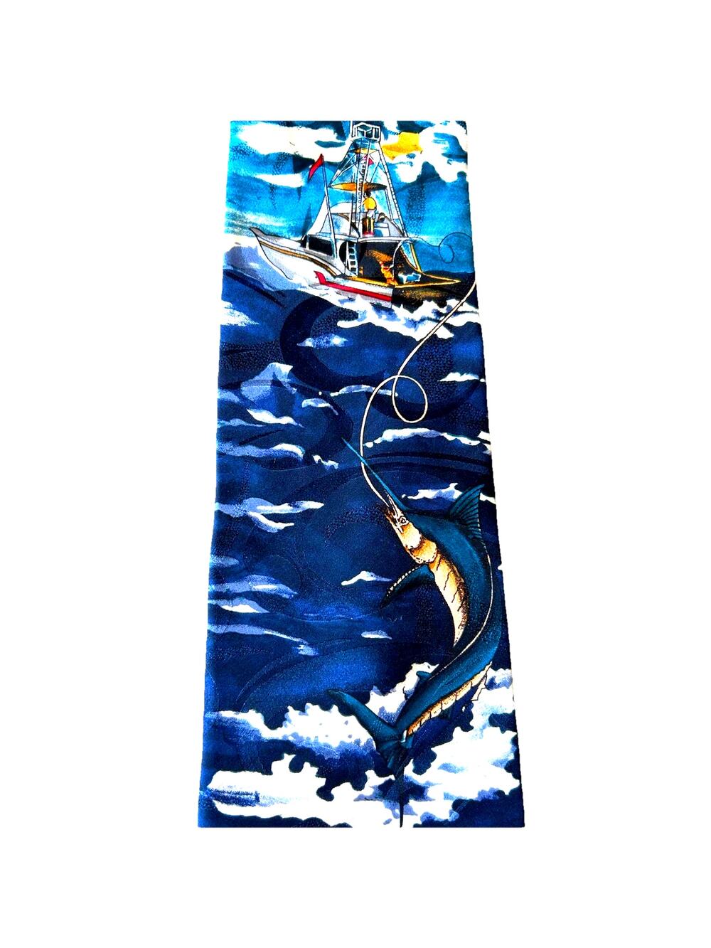VTG 90s Deep Sea Fishing Silk Tie Marlin Sailfish Fish Print Vauda Mazzeo USA
